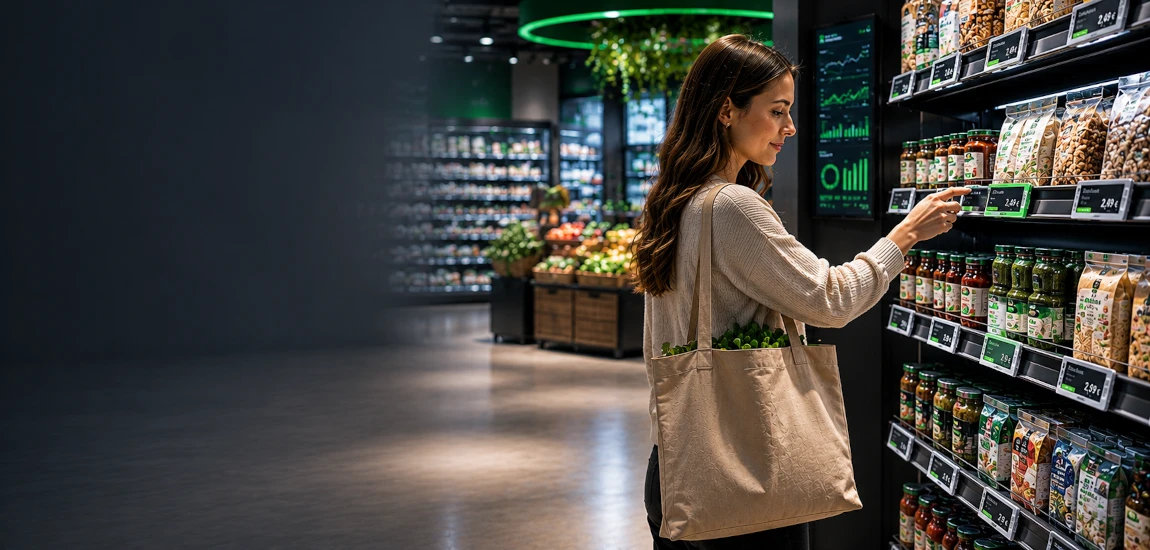 Kundin im Supermarkt mit Stofftasche voller Gemüse tippt auf ein digitales Preisschild am Regal.