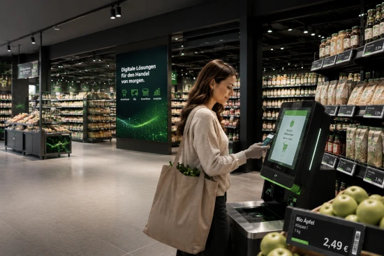 Frau bezahlt im Supermarkt an einem Self-Checkout-Terminal, daneben Regale und vorne grüne Äpfel.