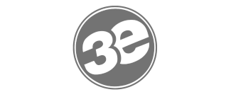 Gray round logo with white “3e” on a black background.