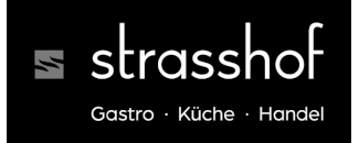 Logo of strasshof with the text “Gastro · Küche · Handel” on a black background.